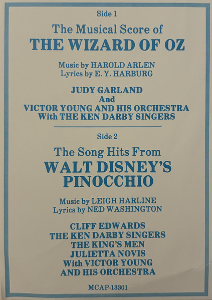 Judy Garland And Victor Young And His Orchestra / Cliff Edwards* -- The King's Men -- The Ken Darby Singers -- Julietta Novis - The Musical Score Of The Wizard Of Oz / The Song Hits From Walt Disney's Pinocchio cover reference